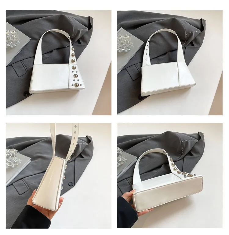 Street Style Square Artificial Leather Shoulder Bag For Women With Zipper Closure Underarm Decorative Rivets Single Strap display picture 5