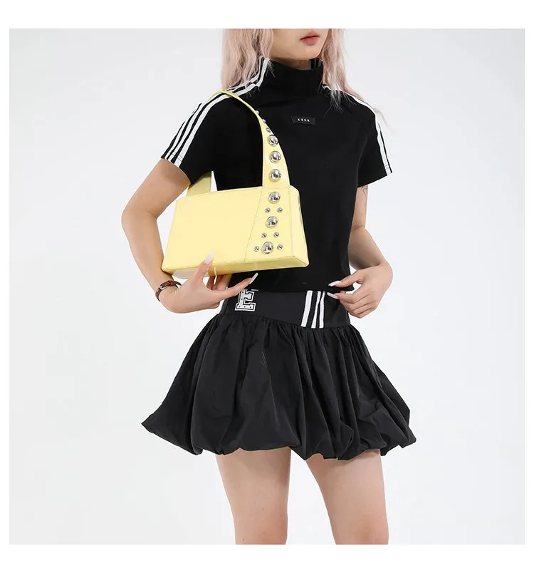 Street Style Square Artificial Leather Shoulder Bag For Women With Zipper Closure Underarm Decorative Rivets Single Strap display picture 6