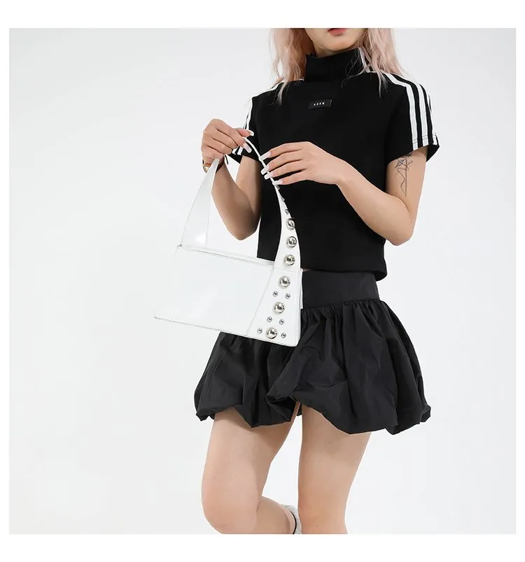 Street Style Square Artificial Leather Shoulder Bag For Women With Zipper Closure Underarm Decorative Rivets Single Strap display picture 3