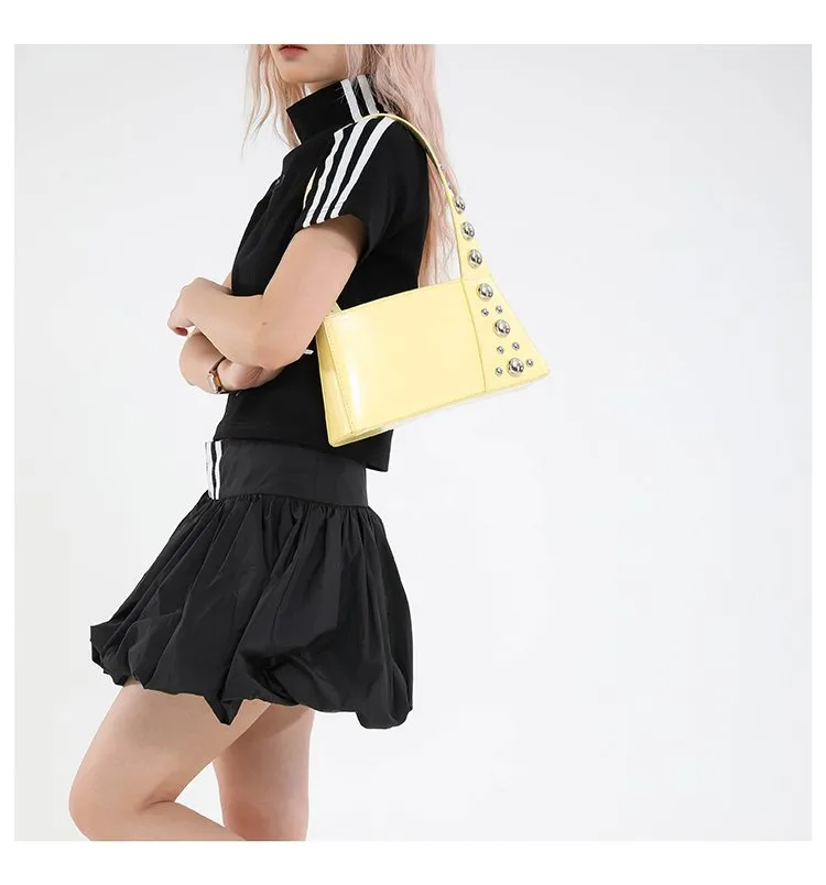 Street Style Square Artificial Leather Shoulder Bag For Women With Zipper Closure Underarm Decorative Rivets Single Strap display picture 8