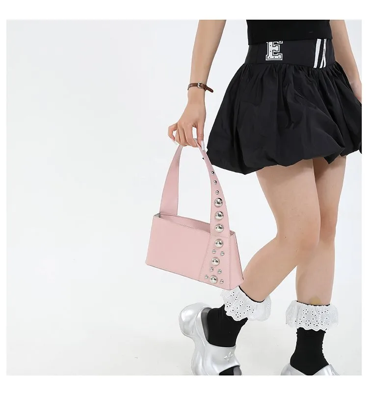 Street Style Square Artificial Leather Shoulder Bag For Women With Zipper Closure Underarm Decorative Rivets Single Strap display picture 13