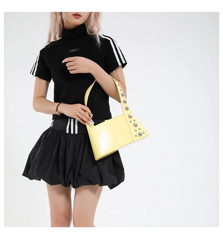 Street Style Square Artificial Leather Shoulder Bag For Women With Zipper Closure Underarm Decorative Rivets Single Strap display picture 9