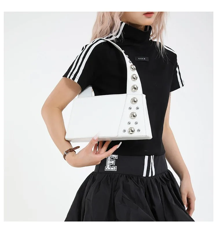 Street Style Square Artificial Leather Shoulder Bag For Women With Zipper Closure Underarm Decorative Rivets Single Strap display picture 16