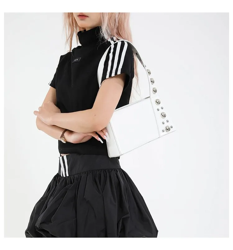 Street Style Square Artificial Leather Shoulder Bag For Women With Zipper Closure Underarm Decorative Rivets Single Strap display picture 17