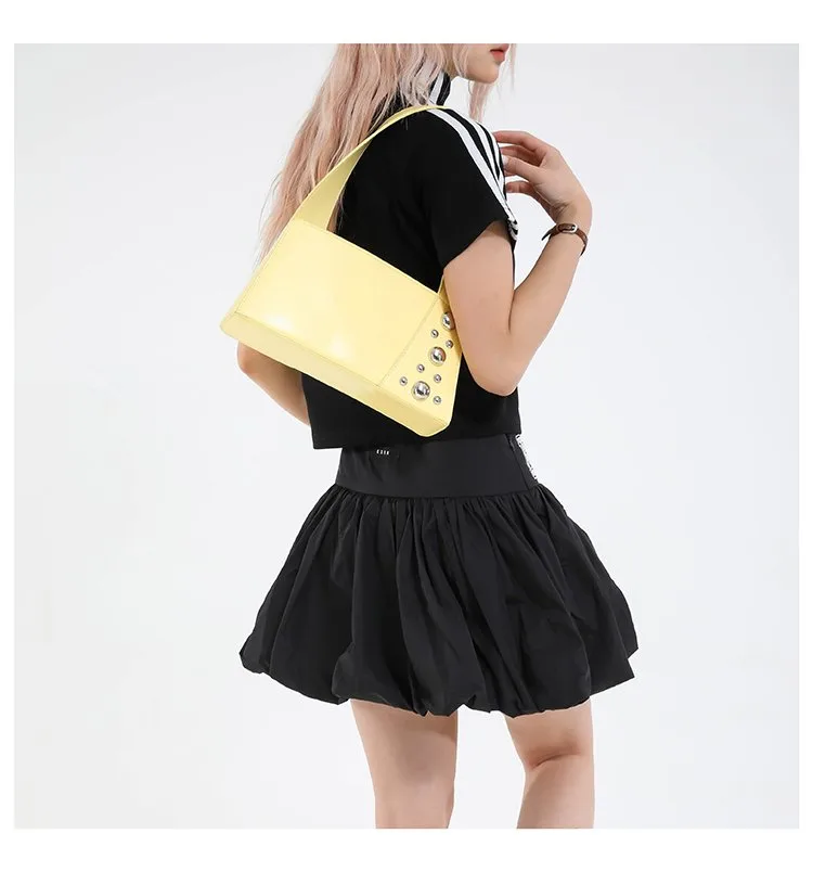 Street Style Square Artificial Leather Shoulder Bag For Women With Zipper Closure Underarm Decorative Rivets Single Strap display picture 12