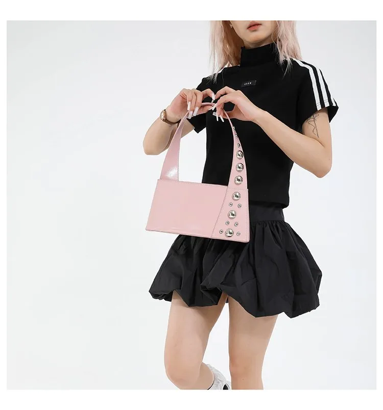 Street Style Square Artificial Leather Shoulder Bag For Women With Zipper Closure Underarm Decorative Rivets Single Strap display picture 14