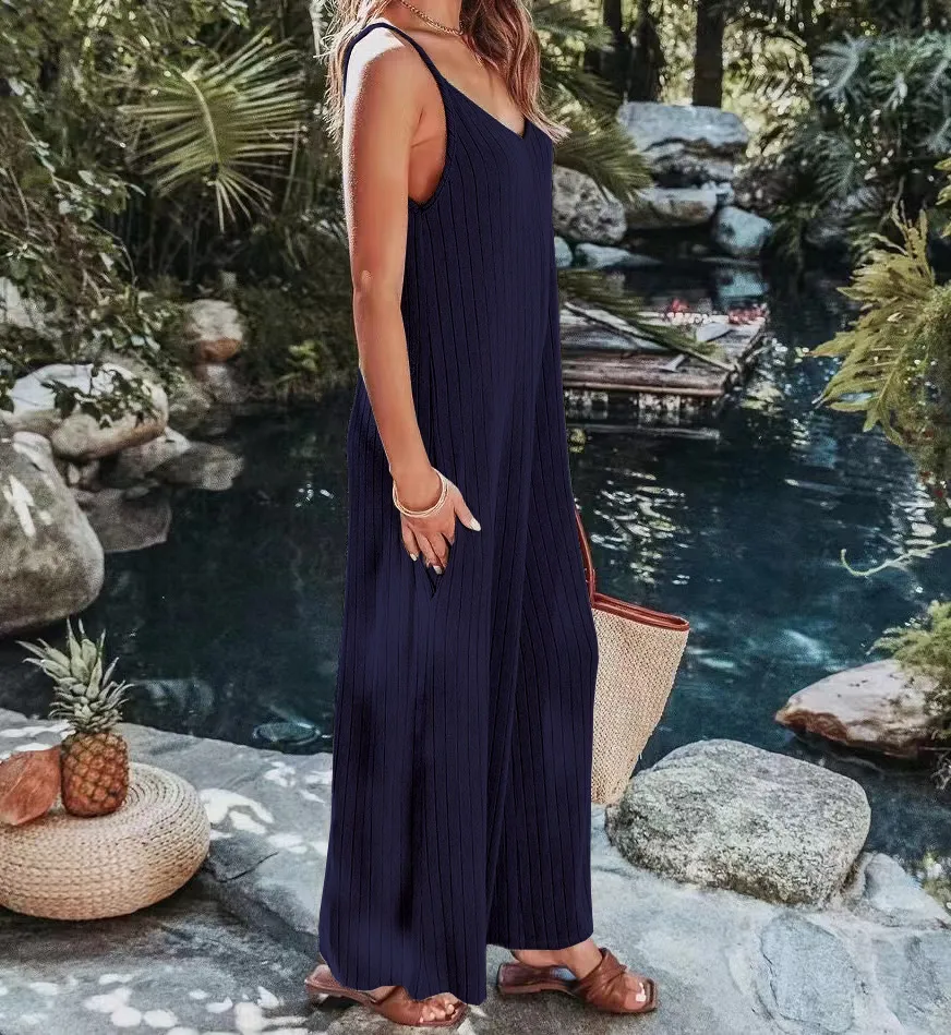 Summer  Women's One-Piece Suit Backless Solid Color Sexy European Trousers Casual Loose Cotton Fabric display picture 9