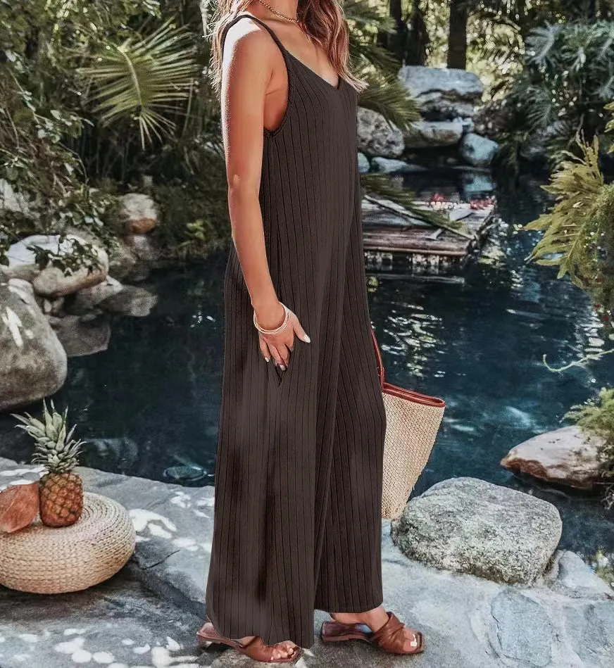 Summer  Women's One-Piece Suit Backless Solid Color Sexy European Trousers Casual Loose Cotton Fabric display picture 11