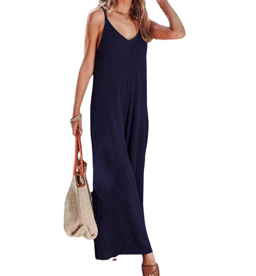 Summer  Women's One-Piece Suit Backless Solid Color Sexy European Trousers Casual Loose Cotton Fabric display picture 17