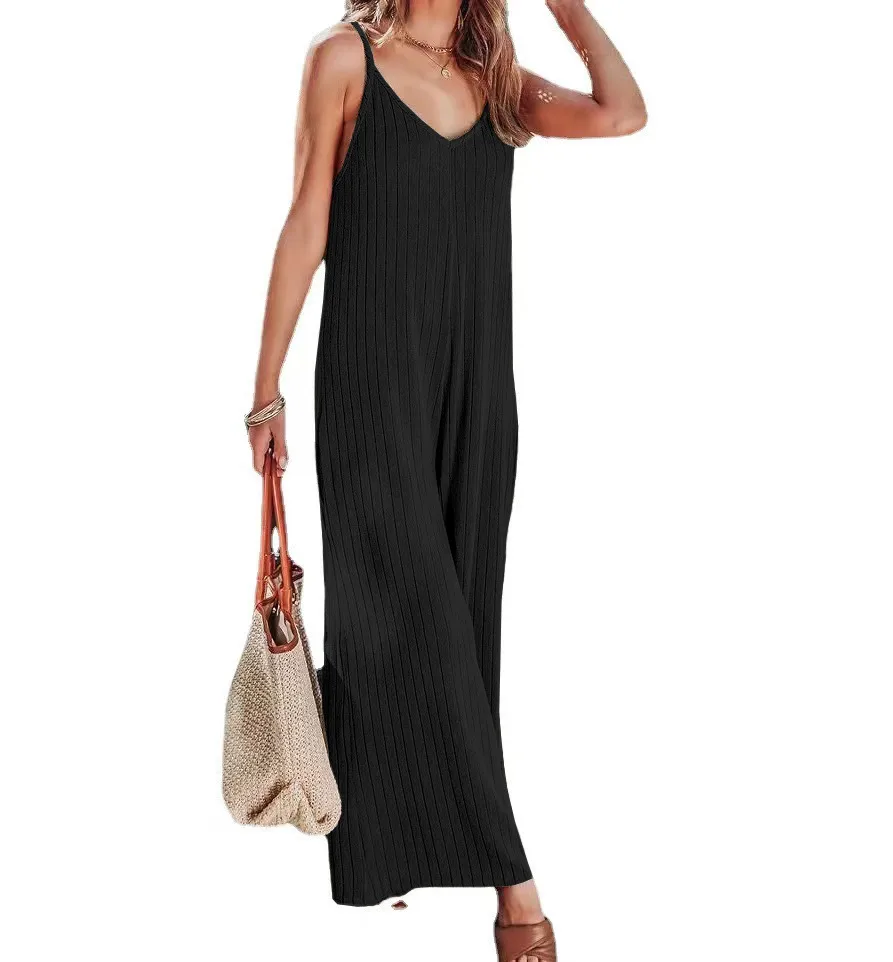 Summer  Women's One-Piece Suit Backless Solid Color Sexy European Trousers Casual Loose Cotton Fabric display picture 18