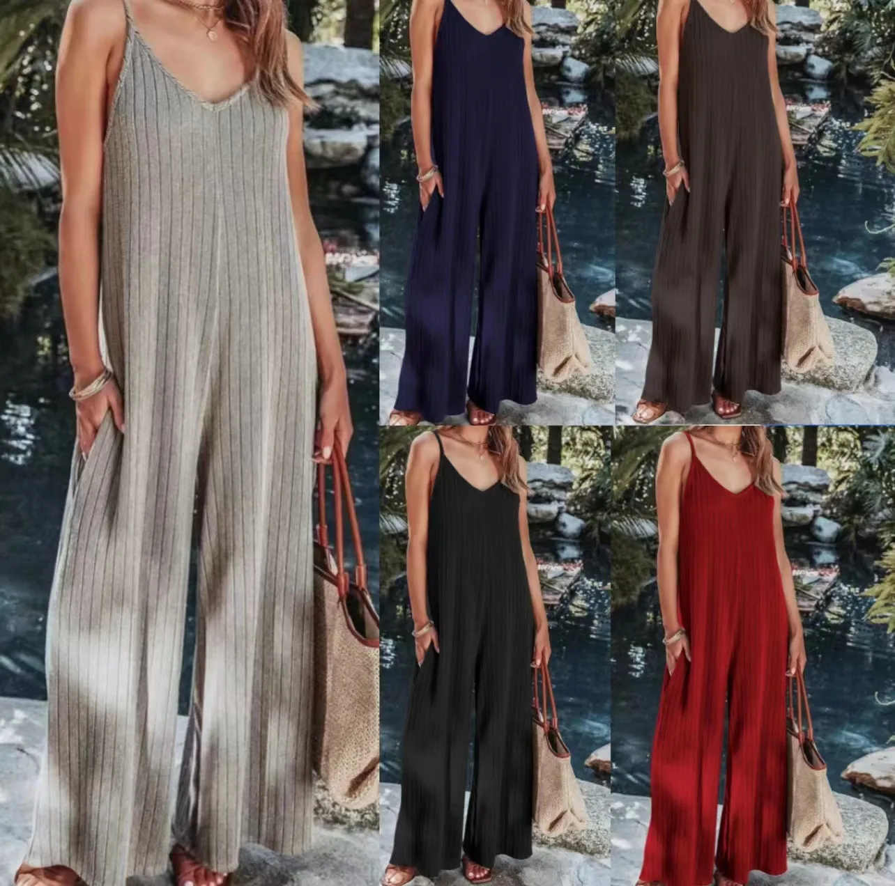 Summer  Women's One-Piece Suit Backless Solid Color Sexy European Trousers Casual Loose Cotton Fabric display picture 21