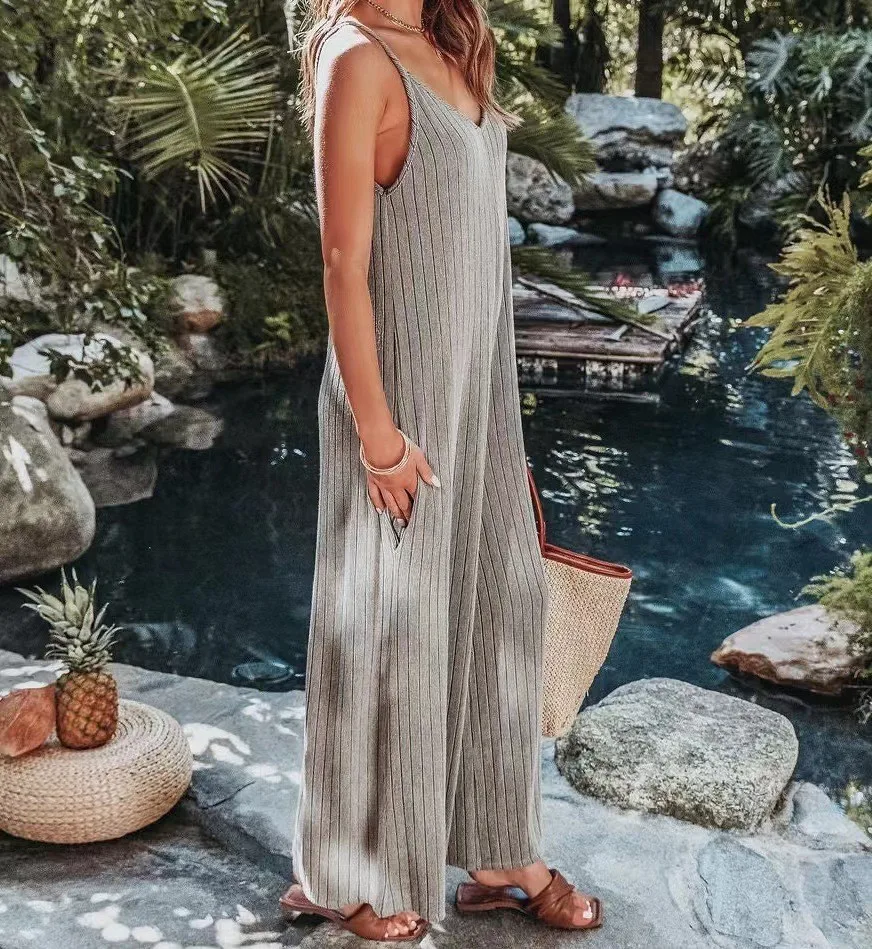 Summer  Women's One-Piece Suit Backless Solid Color Sexy European Trousers Casual Loose Cotton Fabric display picture 26
