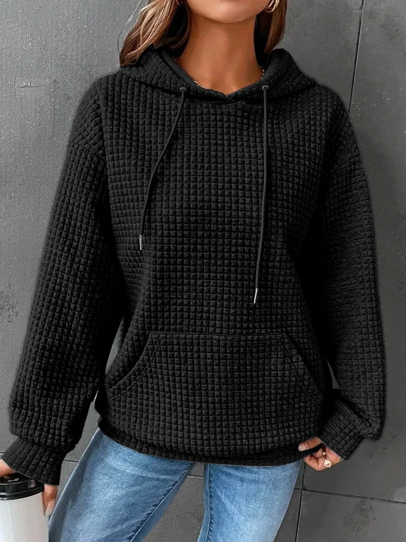 Women's Long Sleeve Solid Color Hoodie Autumn And Winter European Style Fashion Casual Set Small Plaid Pattern With Pockets display picture 3