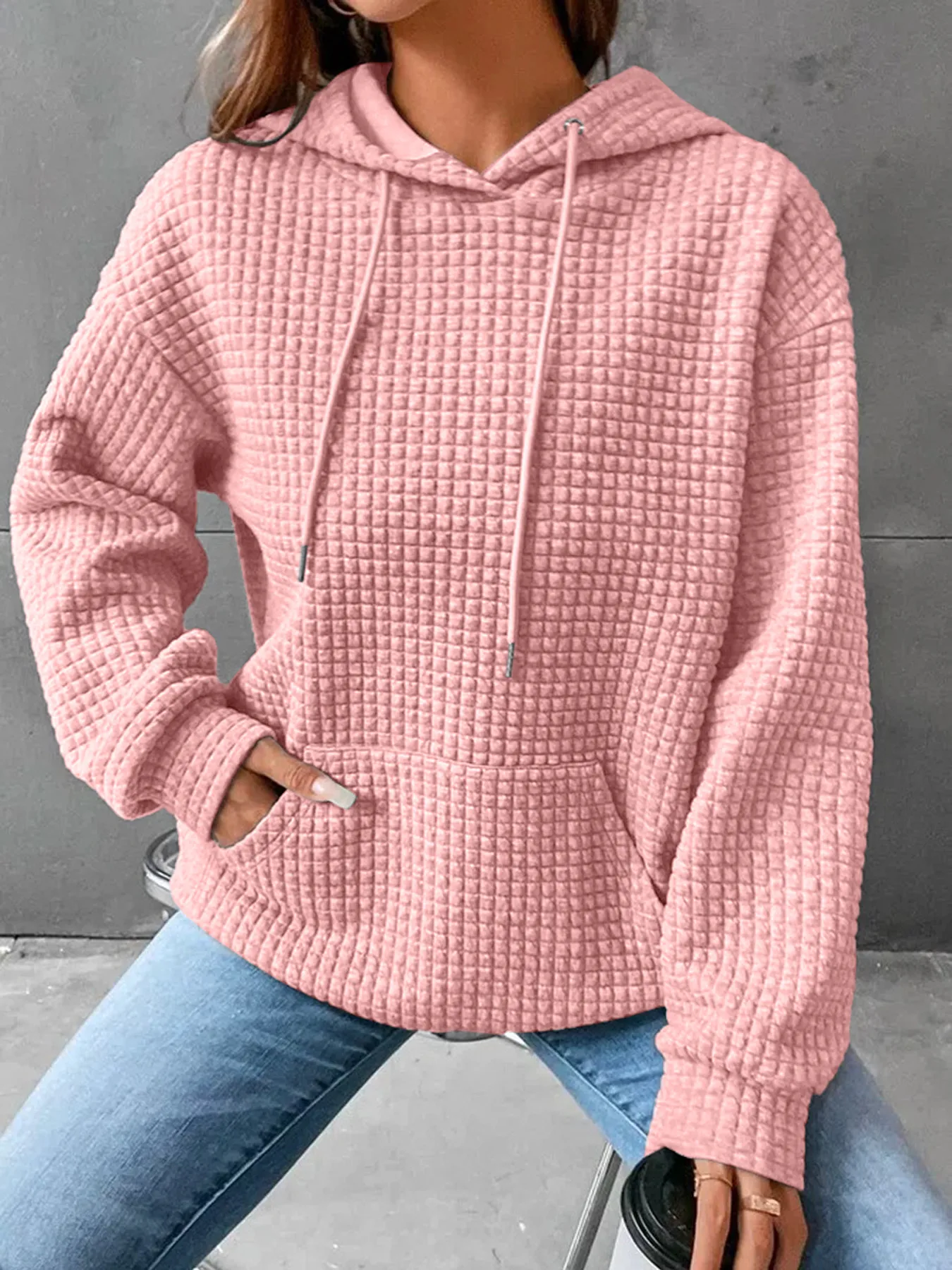 Women's Long Sleeve Solid Color Hoodie Autumn And Winter European Style Fashion Casual Set Small Plaid Pattern With Pockets display picture 4