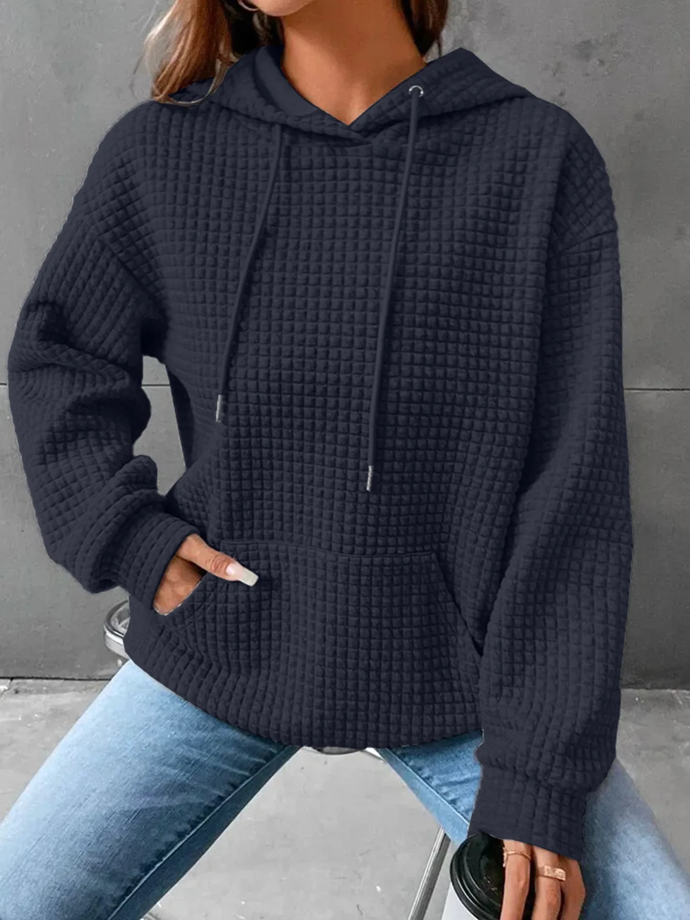 Women's Long Sleeve Solid Color Hoodie Autumn And Winter European Style Fashion Casual Set Small Plaid Pattern With Pockets display picture 11