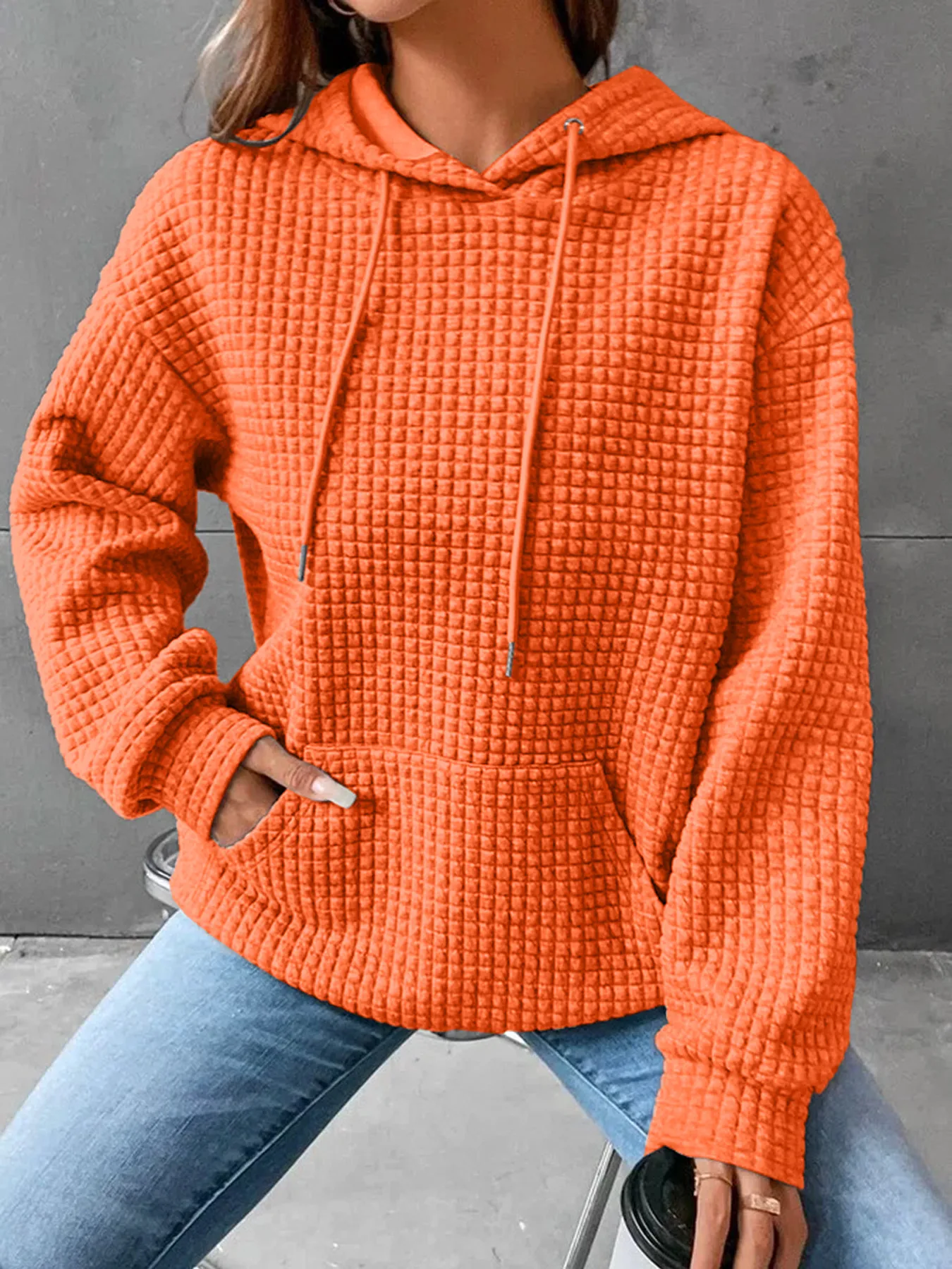 Women's Long Sleeve Solid Color Hoodie Autumn And Winter European Style Fashion Casual Set Small Plaid Pattern With Pockets display picture 12
