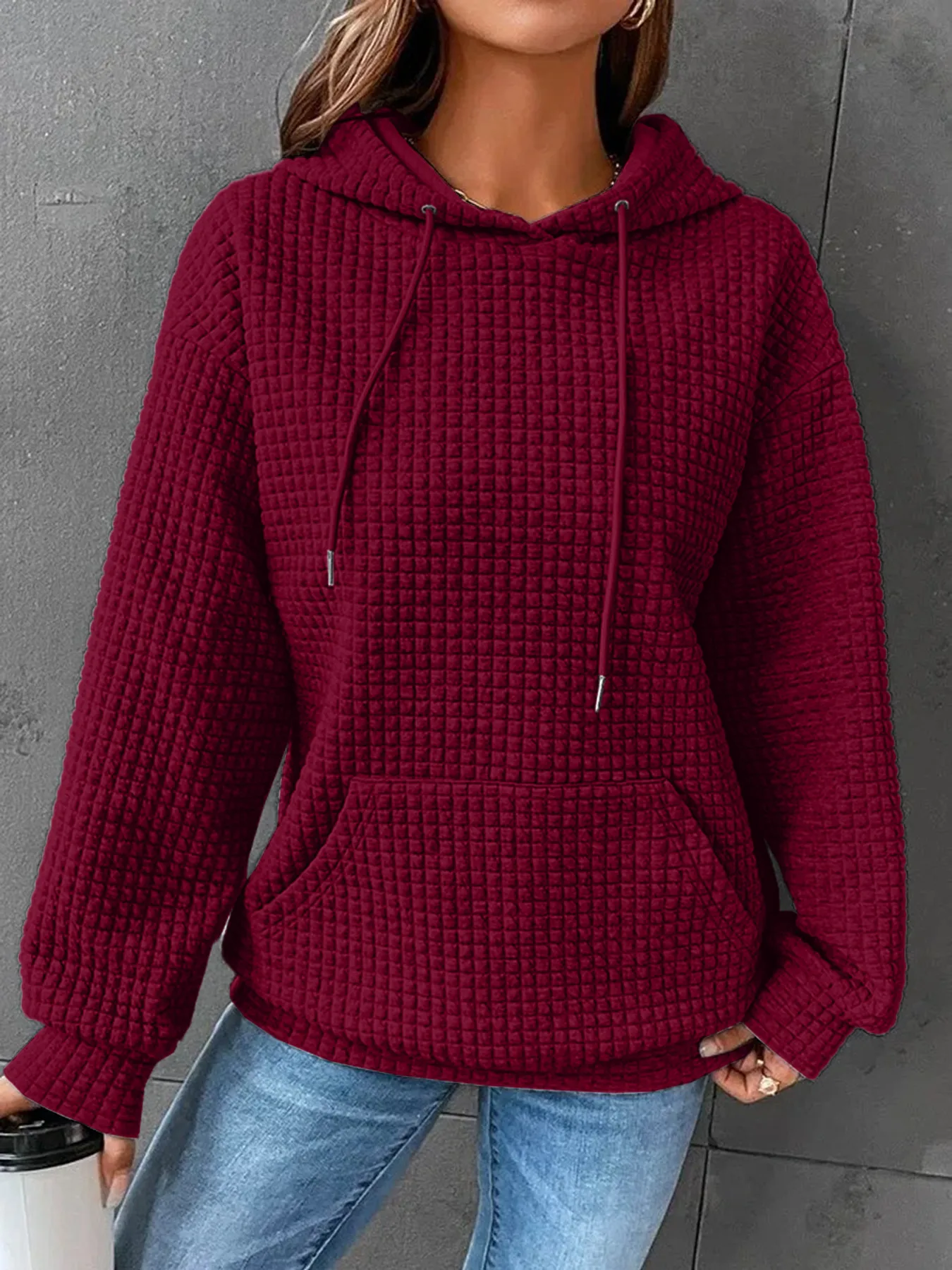 Women's Long Sleeve Solid Color Hoodie Autumn And Winter European Style Fashion Casual Set Small Plaid Pattern With Pockets display picture 14