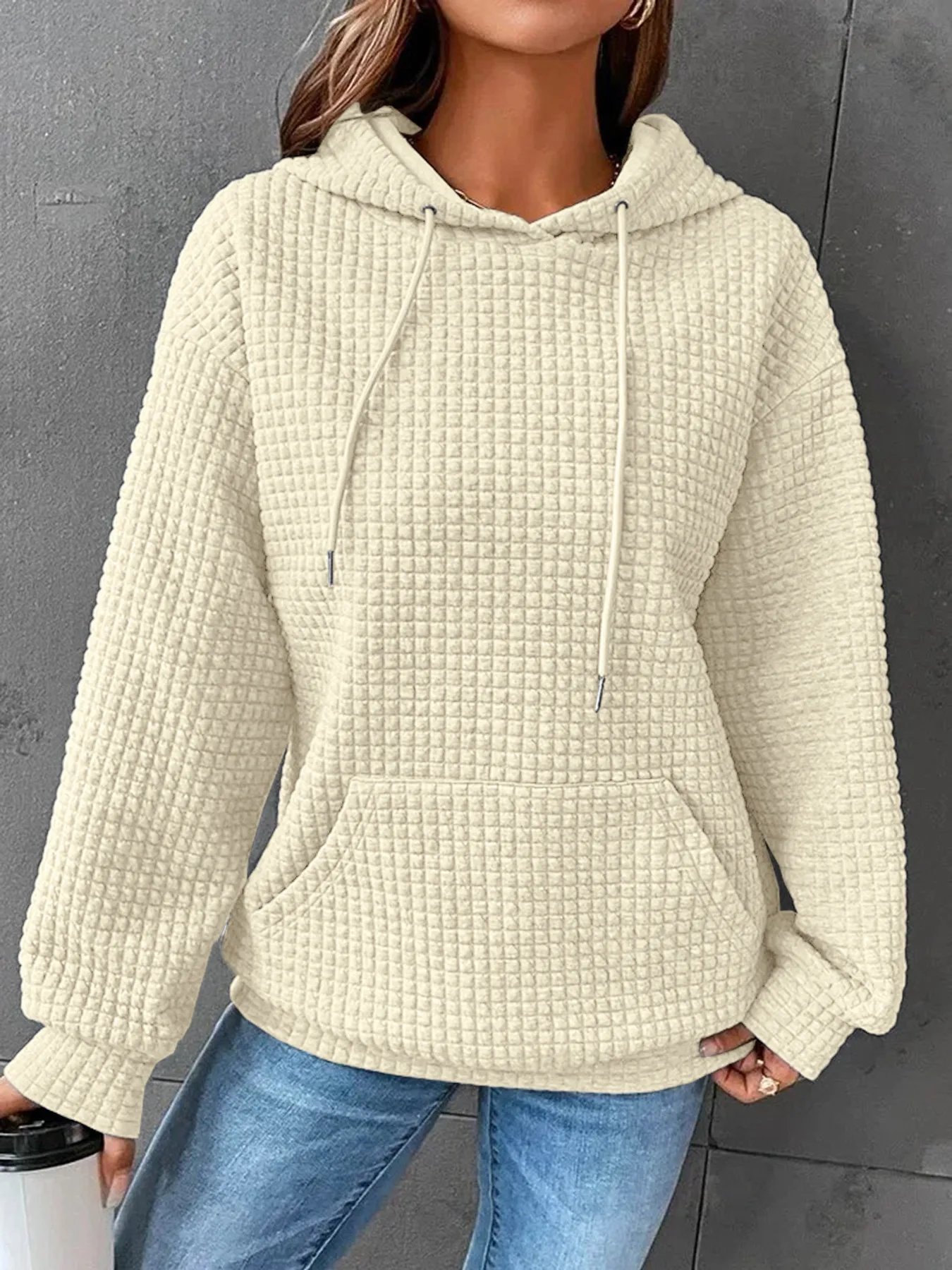 Women's Long Sleeve Solid Color Hoodie Autumn And Winter European Style Fashion Casual Set Small Plaid Pattern With Pockets display picture 15