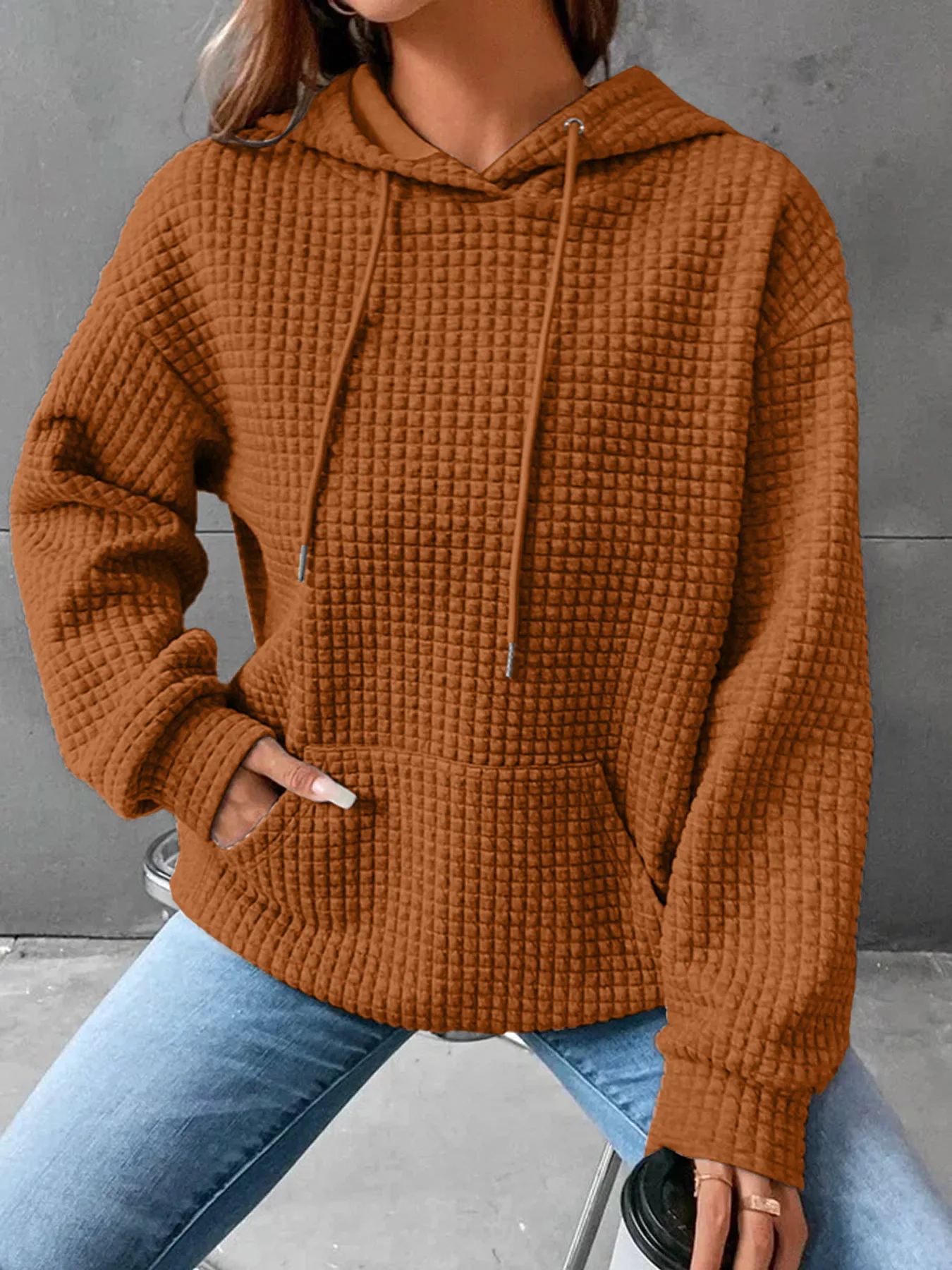 Women's Long Sleeve Solid Color Hoodie Autumn And Winter European Style Fashion Casual Set Small Plaid Pattern With Pockets display picture 16