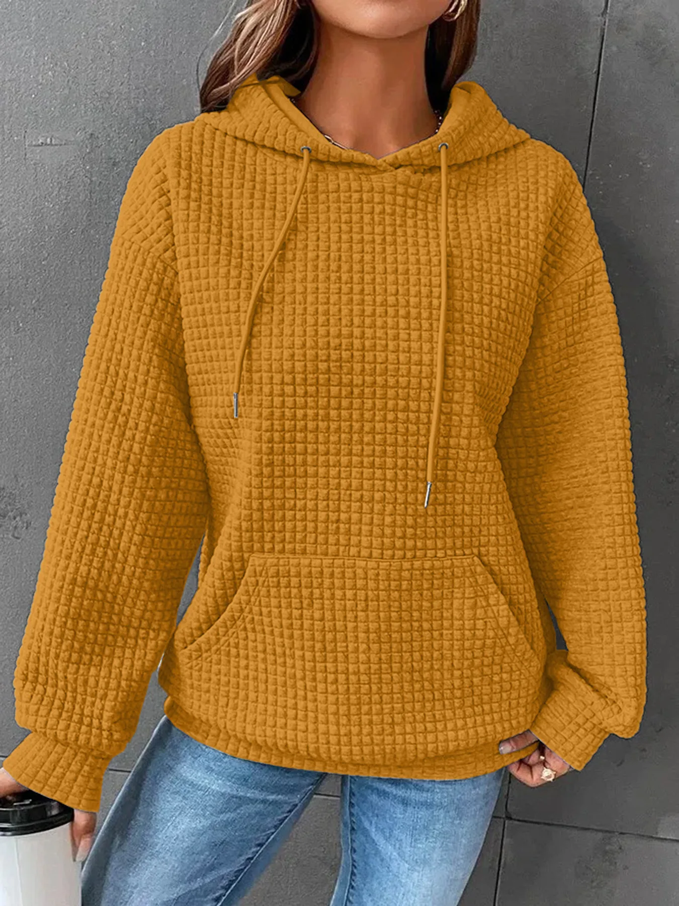 Women's Long Sleeve Solid Color Hoodie Autumn And Winter European Style Fashion Casual Set Small Plaid Pattern With Pockets display picture 17