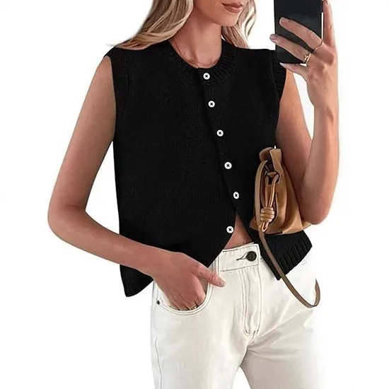 Casual Short Sleeveless Knitted Vest   Single Button Hot Selling Women's Fashion Street Style Top display picture 3