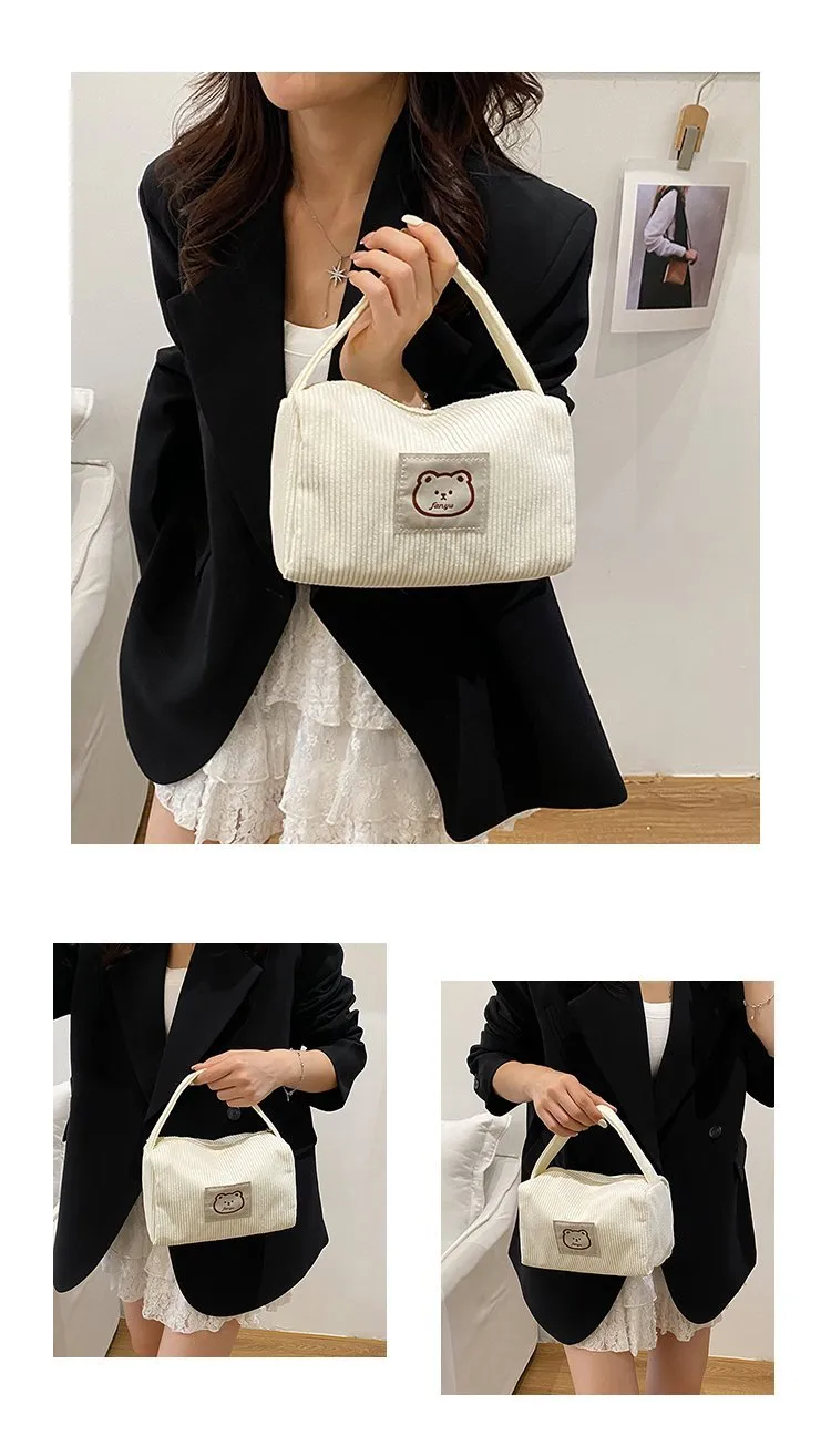 Women's Corduroy Bear Vacation Square Zipper Handbag display picture 3