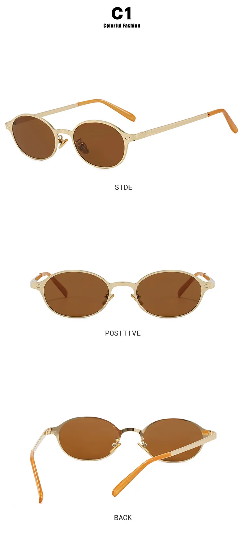 Vintage Metal Oval Sunglasses Women's UV Protection Fashion Petite Face Sunglasses Travel And Style Sunscreen Brown Gold display picture 9