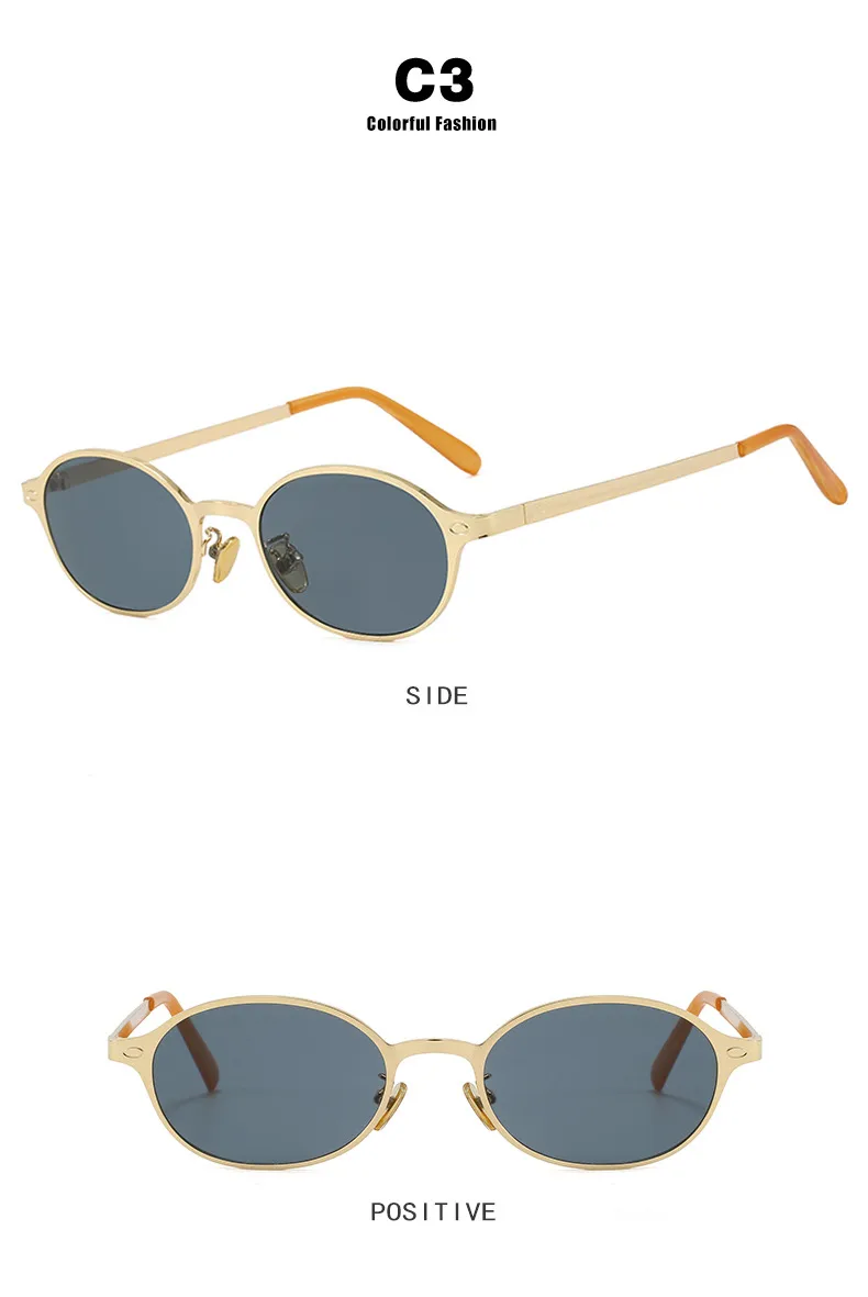 Vintage Metal Oval Sunglasses Women's UV Protection Fashion Petite Face Sunglasses Travel And Style Sunscreen Brown Gold display picture 11