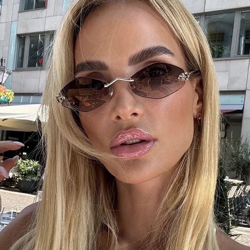 Unisex Diamond Shape Sunglasses Fashion Special Frameless UV Protection Travel & Street Style Gray & Gold PC Lens display picture 4