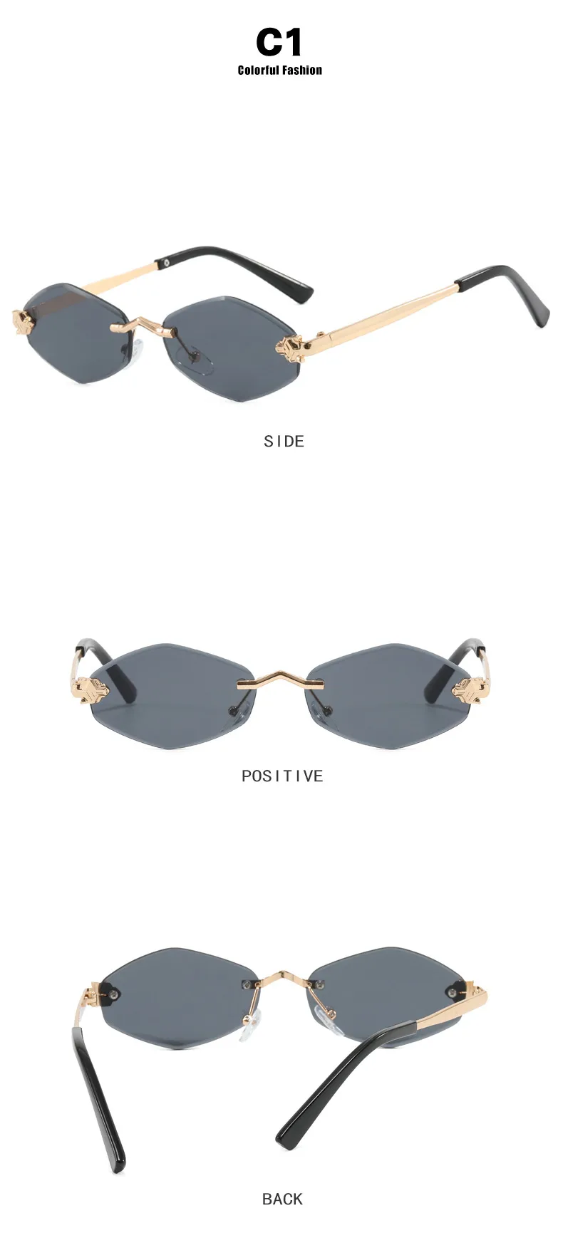 Unisex Diamond Shape Sunglasses Fashion Special Frameless UV Protection Travel & Street Style Gray & Gold PC Lens display picture 9