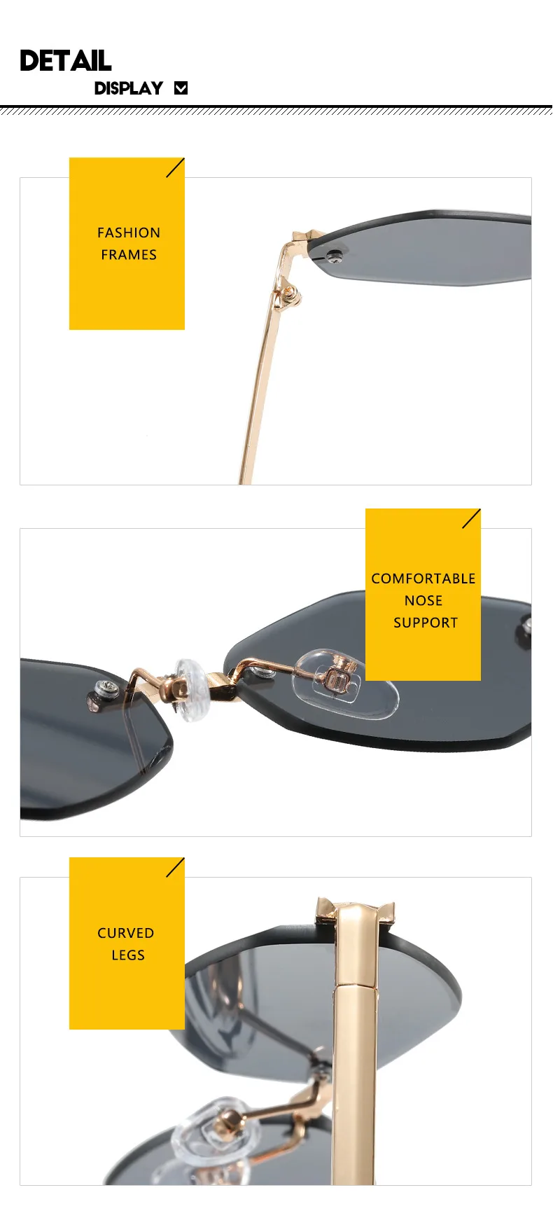 Unisex Diamond Shape Sunglasses Fashion Special Frameless UV Protection Travel & Street Style Gray & Gold PC Lens display picture 14