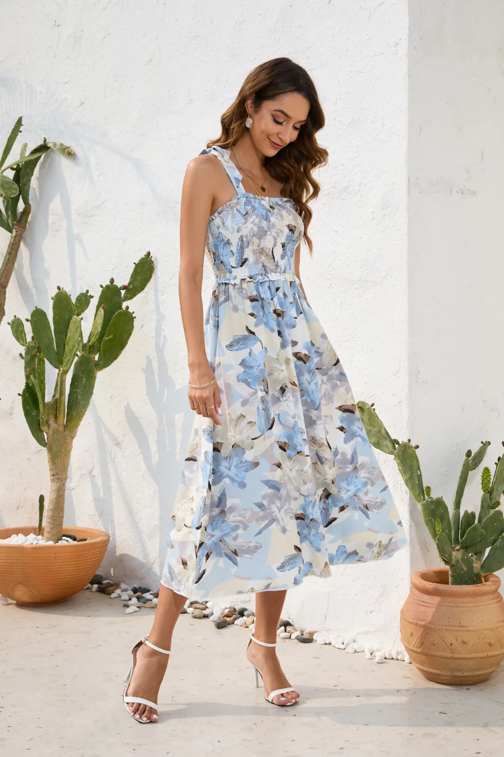 Flower Printing Slip Dress Summer Smocking Dress Leisure Vacation Travel Dress display picture 2
