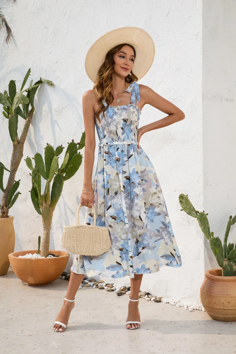 Flower Printing Slip Dress Summer Smocking Dress Leisure Vacation Travel Dress display picture 5