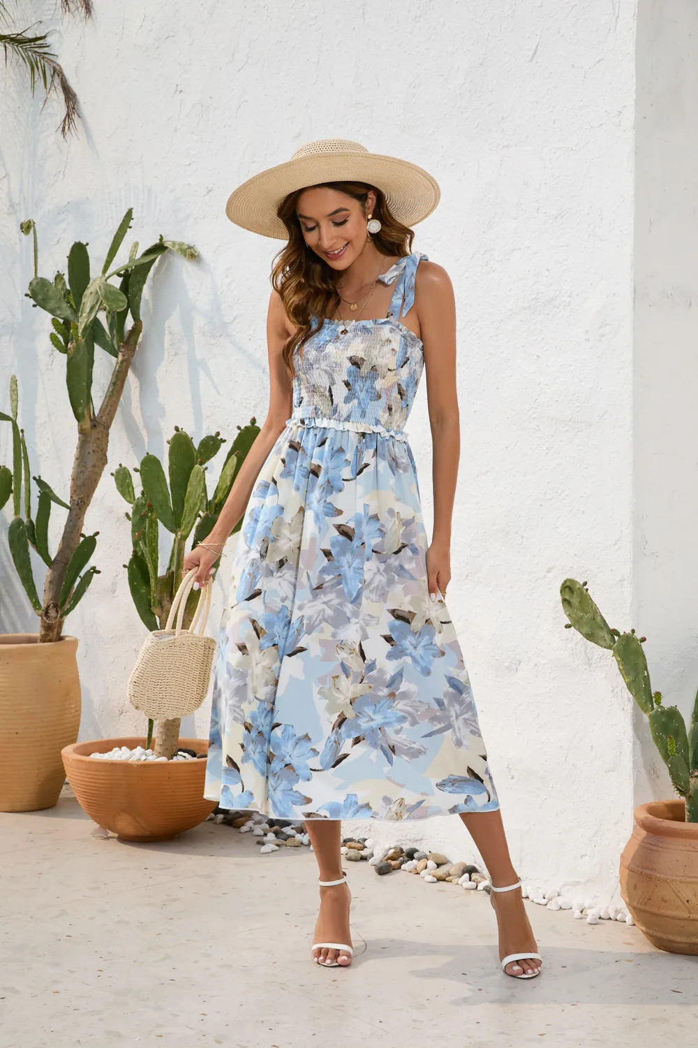 Flower Printing Slip Dress Summer Smocking Dress Leisure Vacation Travel Dress display picture 6