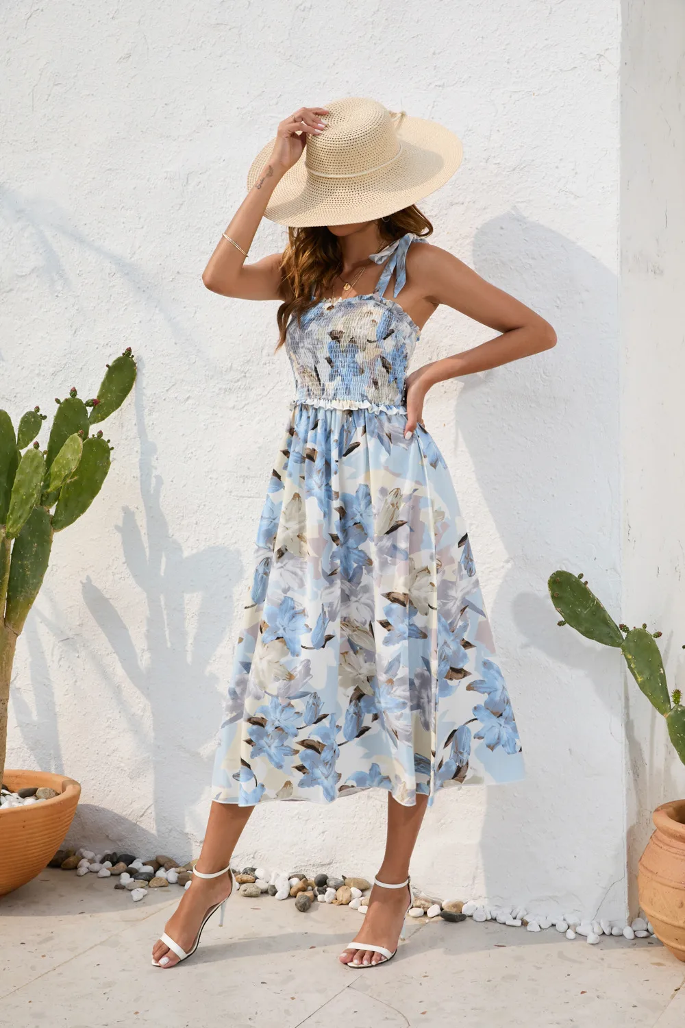 Flower Printing Slip Dress Summer Smocking Dress Leisure Vacation Travel Dress display picture 9