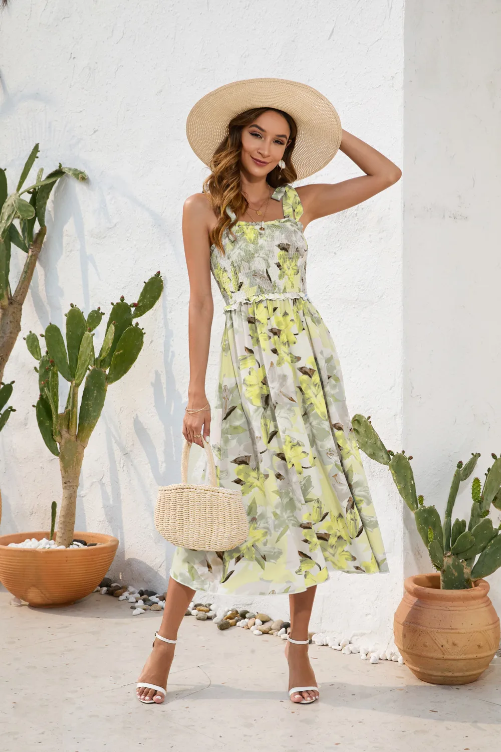 Flower Printing Slip Dress Summer Smocking Dress Leisure Vacation Travel Dress display picture 11