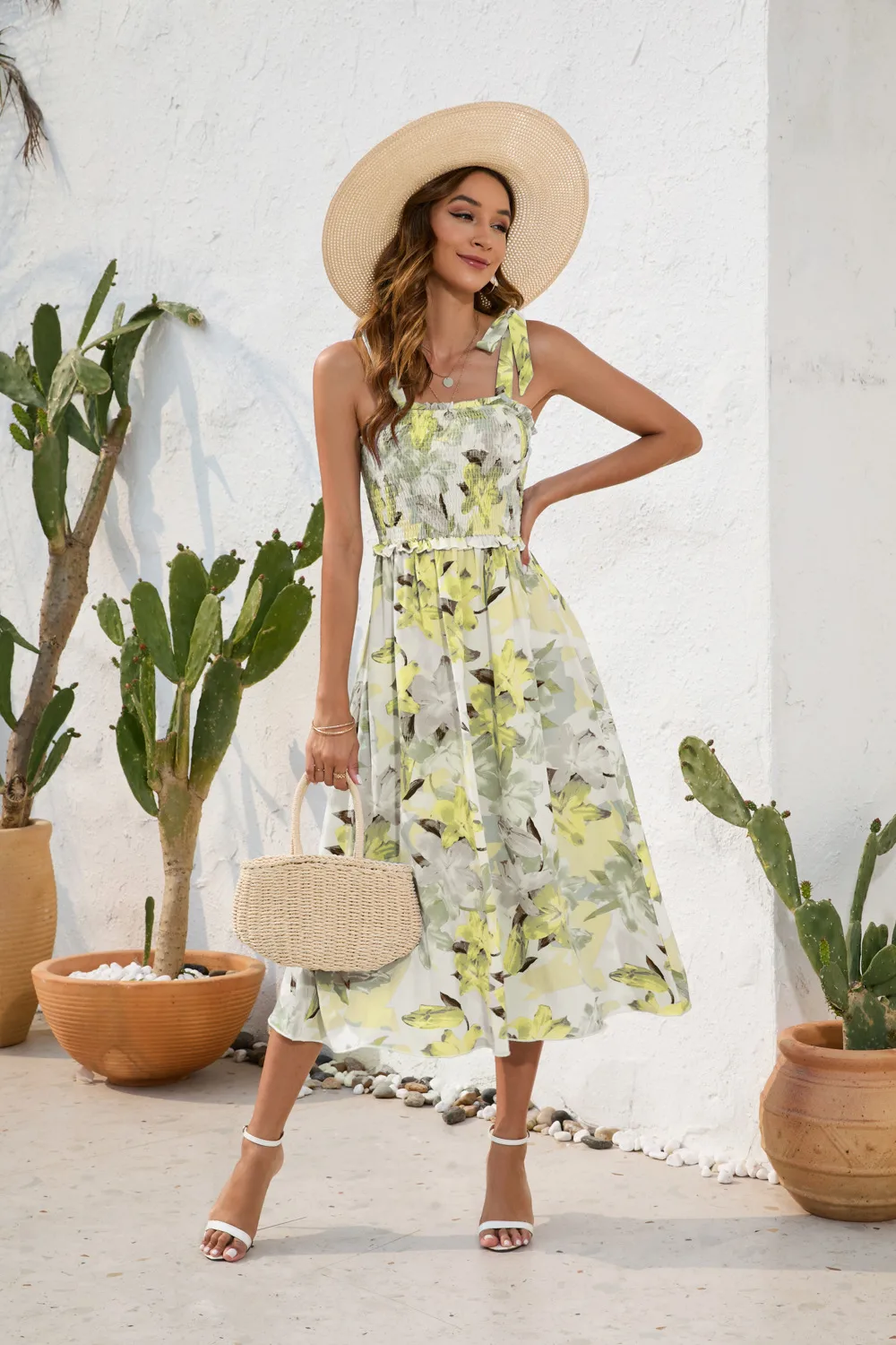 Flower Printing Slip Dress Summer Smocking Dress Leisure Vacation Travel Dress display picture 12