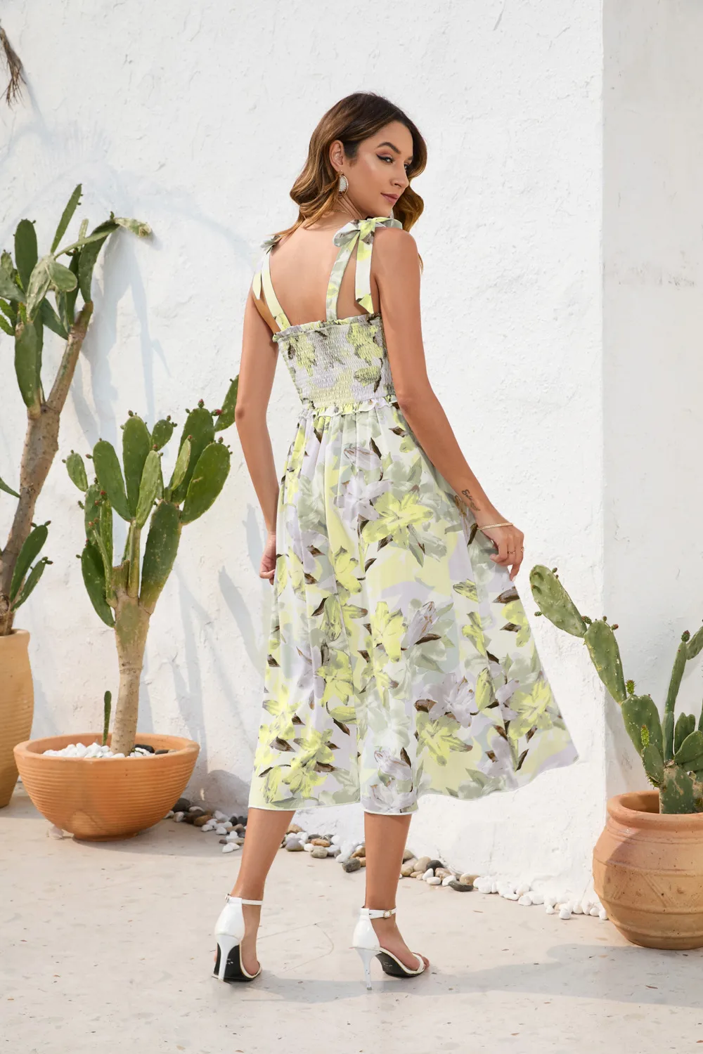 Flower Printing Slip Dress Summer Smocking Dress Leisure Vacation Travel Dress display picture 13
