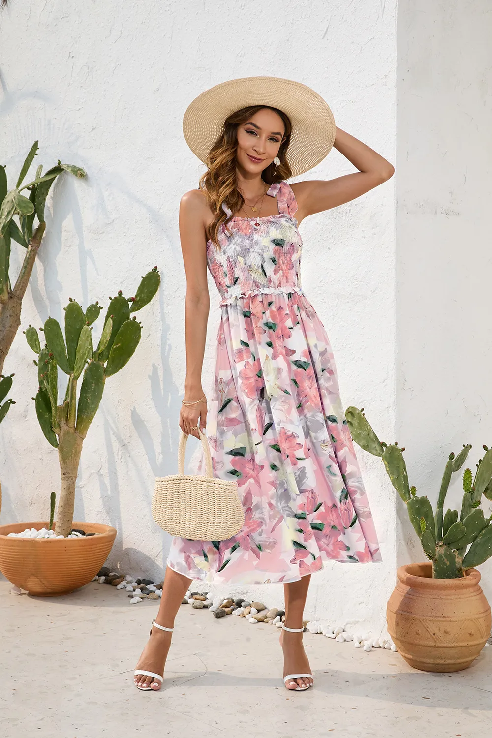 Flower Printing Slip Dress Summer Smocking Dress Leisure Vacation Travel Dress display picture 15
