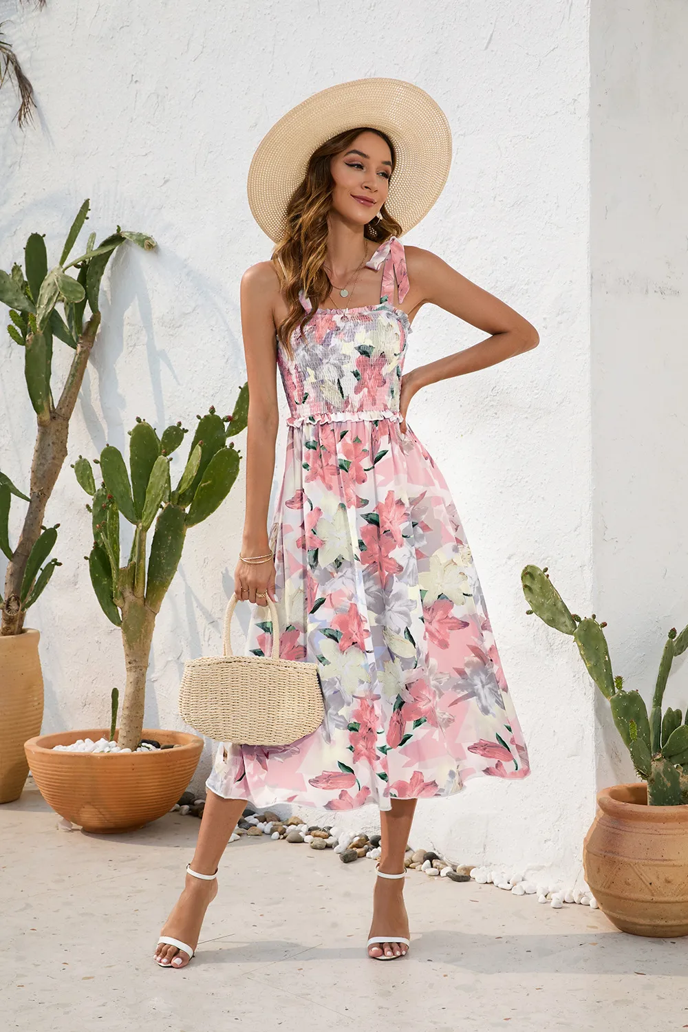 Flower Printing Slip Dress Summer Smocking Dress Leisure Vacation Travel Dress display picture 17