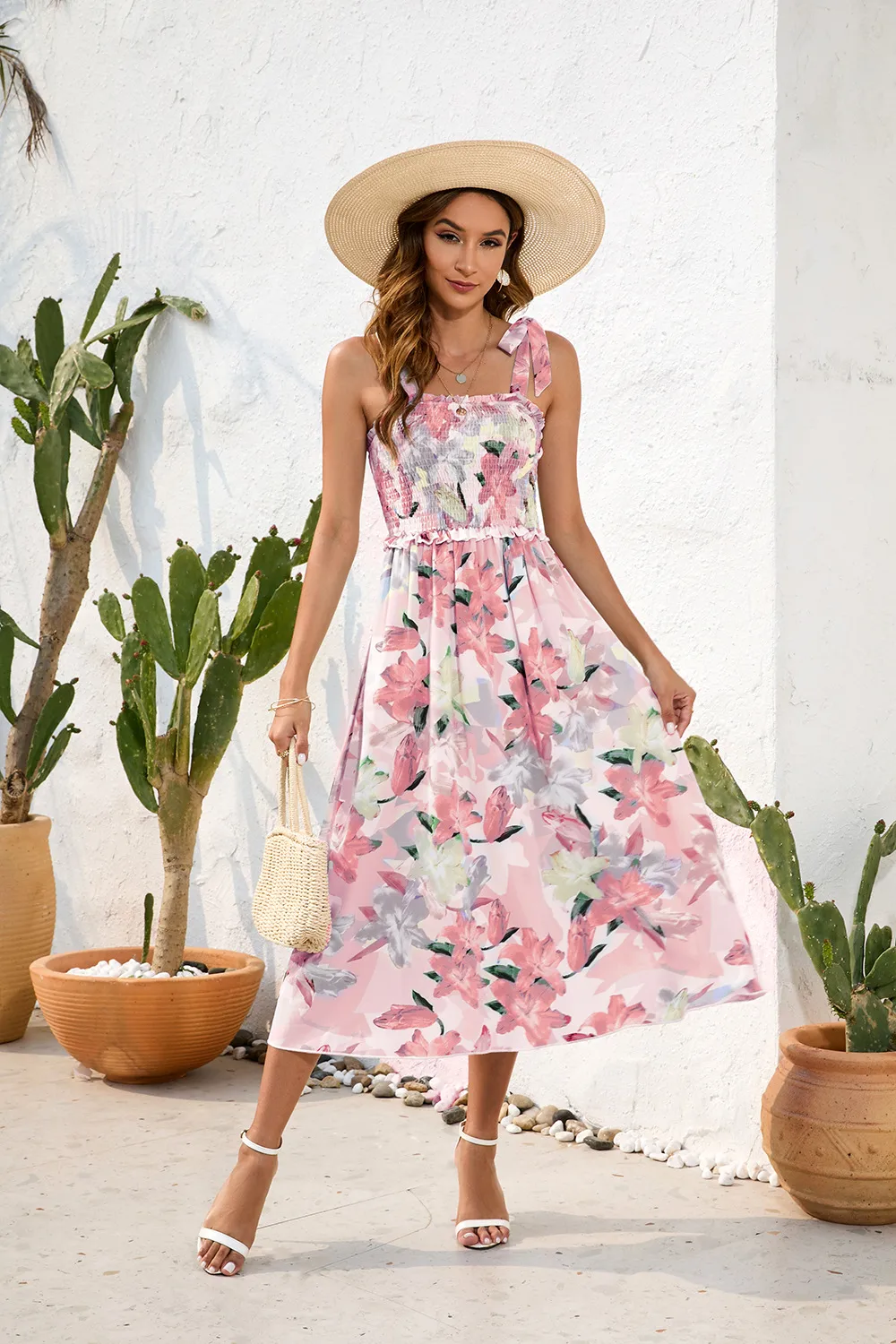 Flower Printing Slip Dress Summer Smocking Dress Leisure Vacation Travel Dress display picture 18