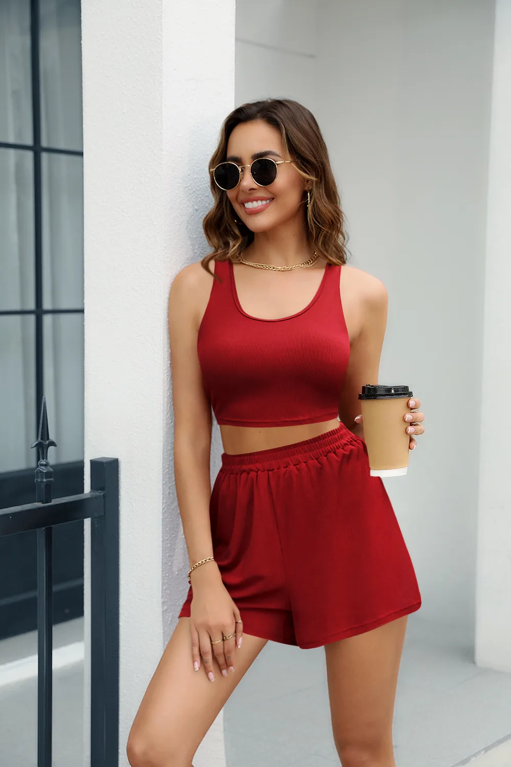 Summer Hot Sale New Thread Knitted Sunken Stripe Fashion Camisole Shorts Two-Piece Casual Suit display picture 18