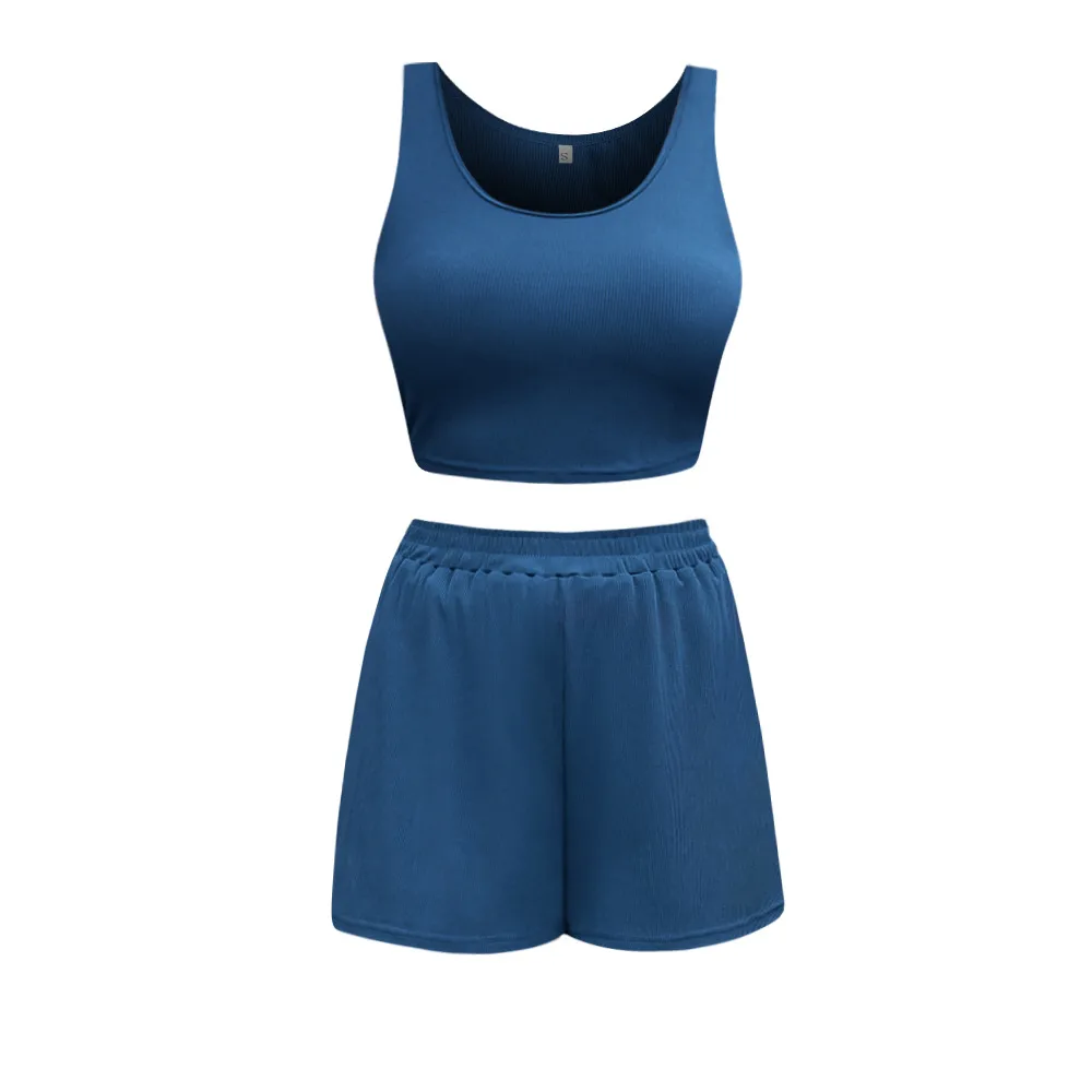 Summer Hot Sale New Thread Knitted Sunken Stripe Fashion Camisole Shorts Two-Piece Casual Suit display picture 32