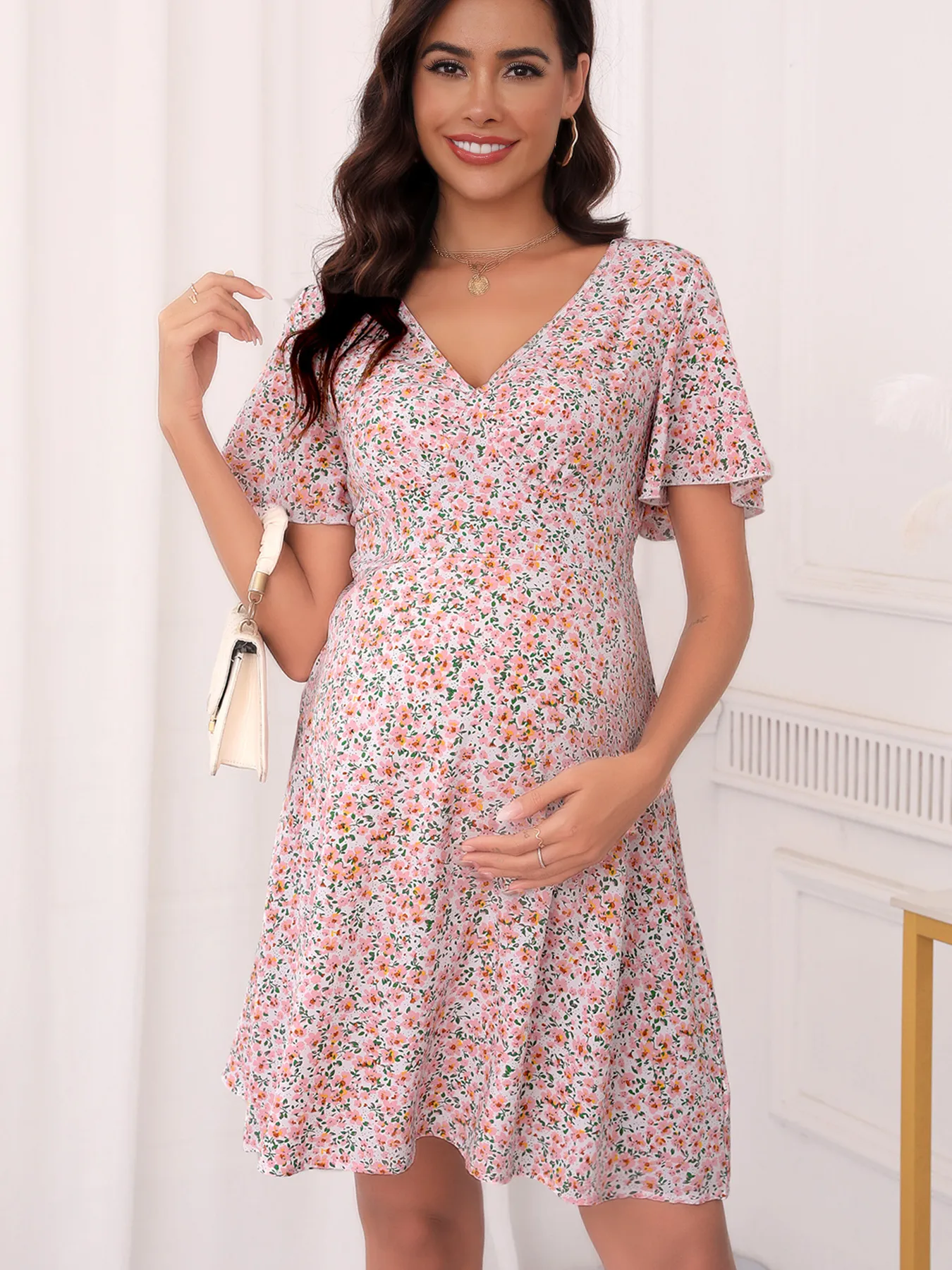 Maternity Clothes Summer New Chiffon Printed Ruffles Dress French Tea Dress Lace-up Skirt display picture 2