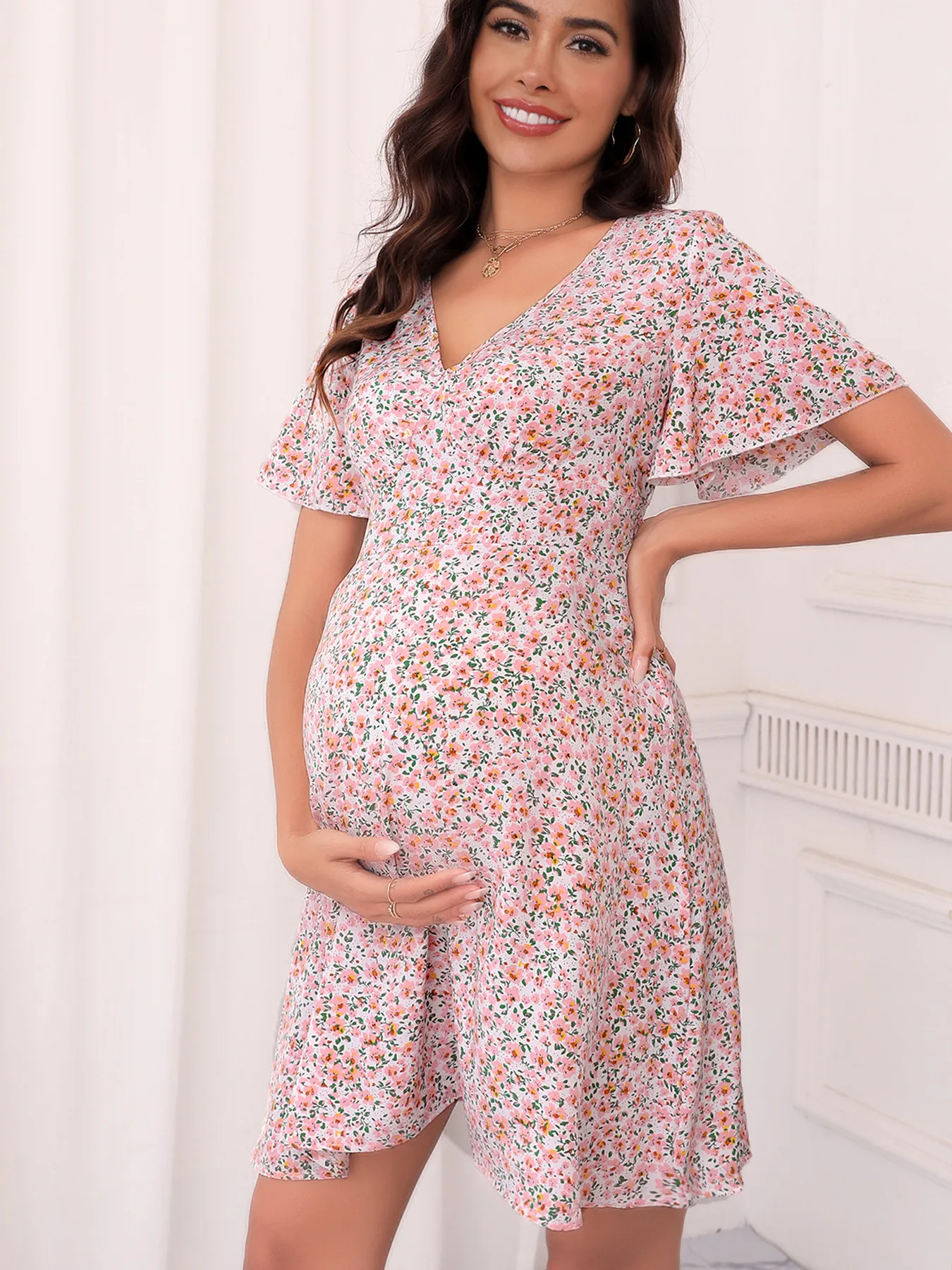 Maternity Clothes Summer New Chiffon Printed Ruffles Dress French Tea Dress Lace-up Skirt display picture 5
