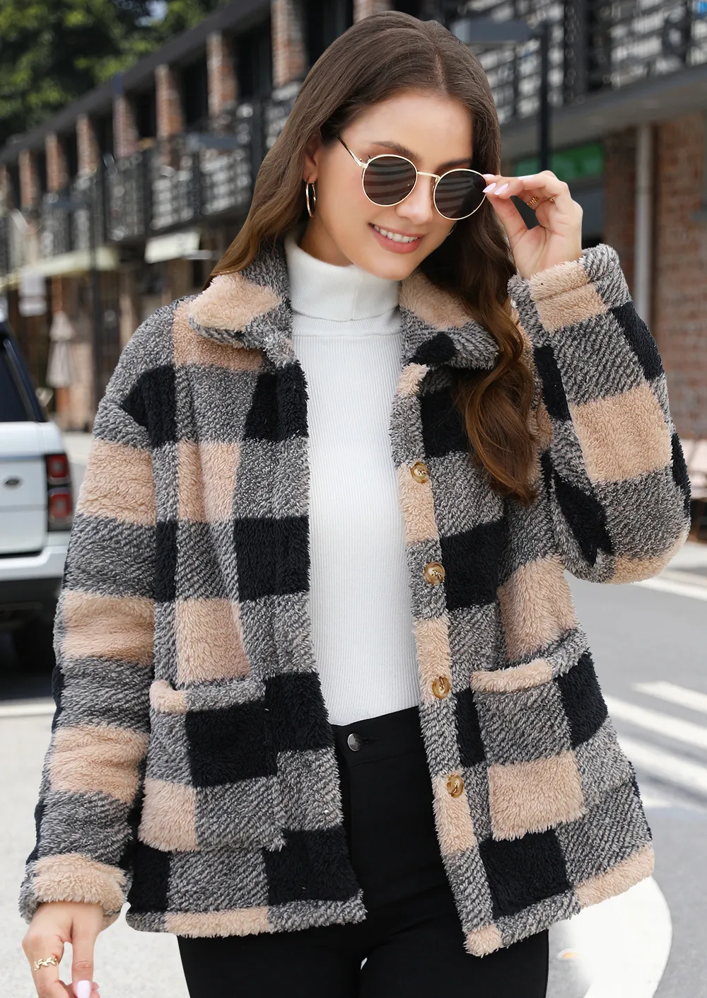 Style Women Plaid Plush Coat Patch Pocket Versatile Long Sleeve Winter Fashion Casual Jacket display picture 2