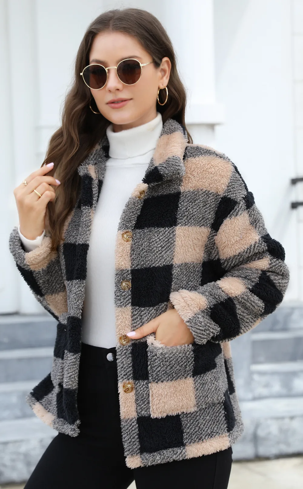 Style Women Plaid Plush Coat Patch Pocket Versatile Long Sleeve Winter Fashion Casual Jacket display picture 3