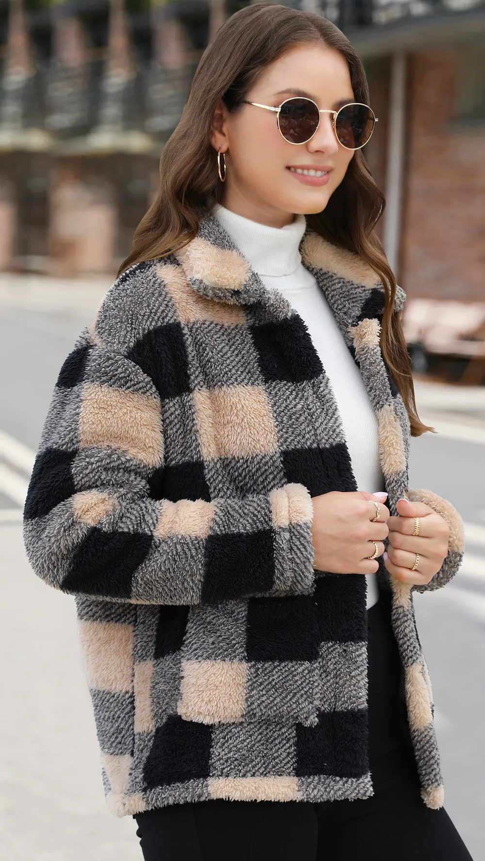 Style Women Plaid Plush Coat Patch Pocket Versatile Long Sleeve Winter Fashion Casual Jacket display picture 4