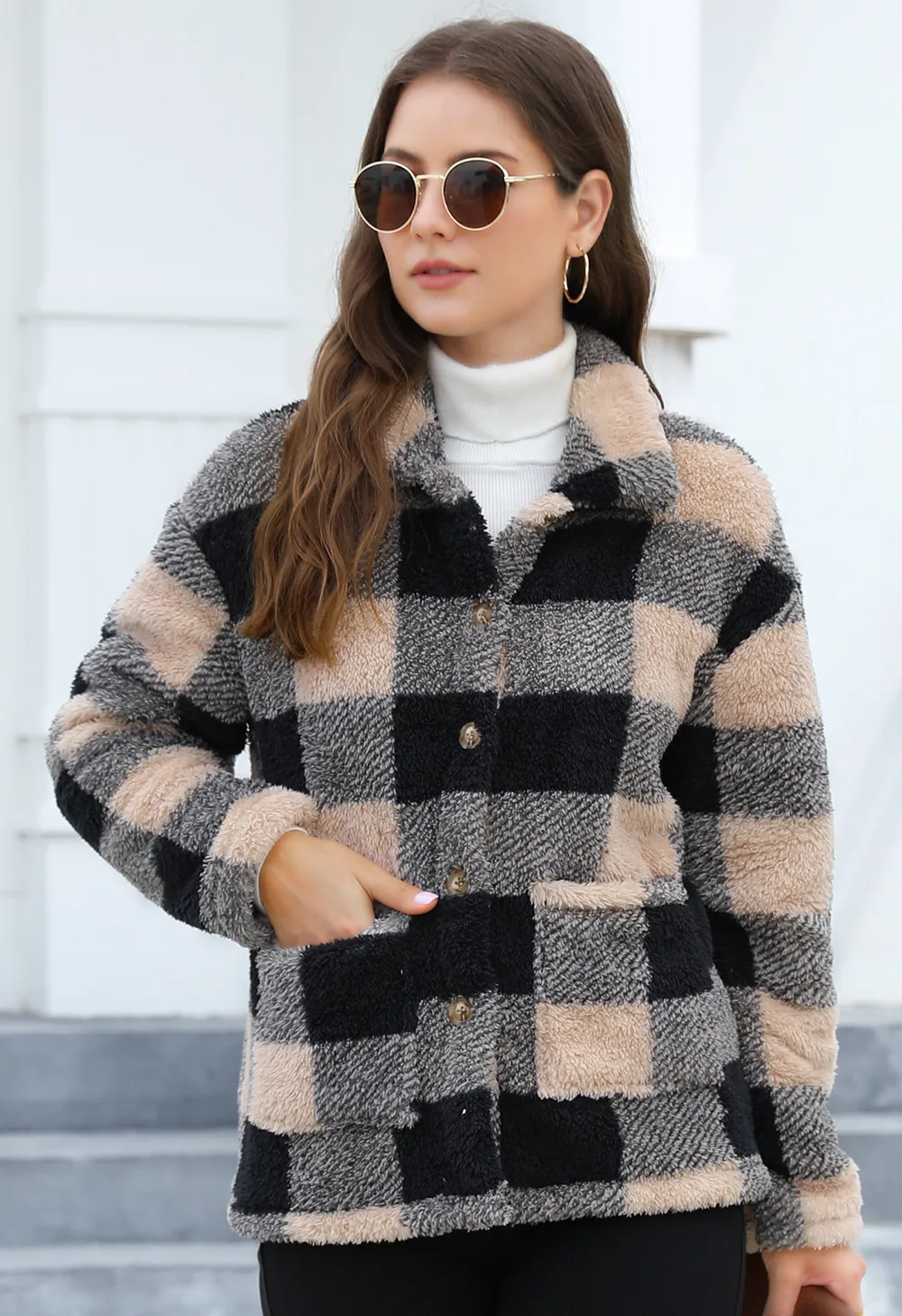 Style Women Plaid Plush Coat Patch Pocket Versatile Long Sleeve Winter Fashion Casual Jacket display picture 5