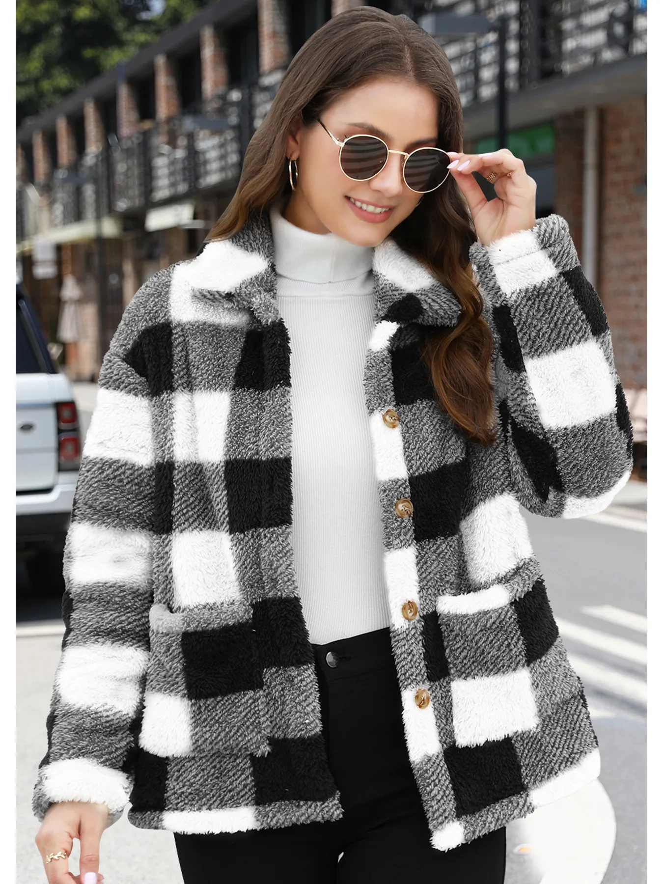 Style Women Plaid Plush Coat Patch Pocket Versatile Long Sleeve Winter Fashion Casual Jacket display picture 7